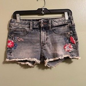 Express Shortie Relaxed Low Rise Floral Embroidered Denim Jean Shorts